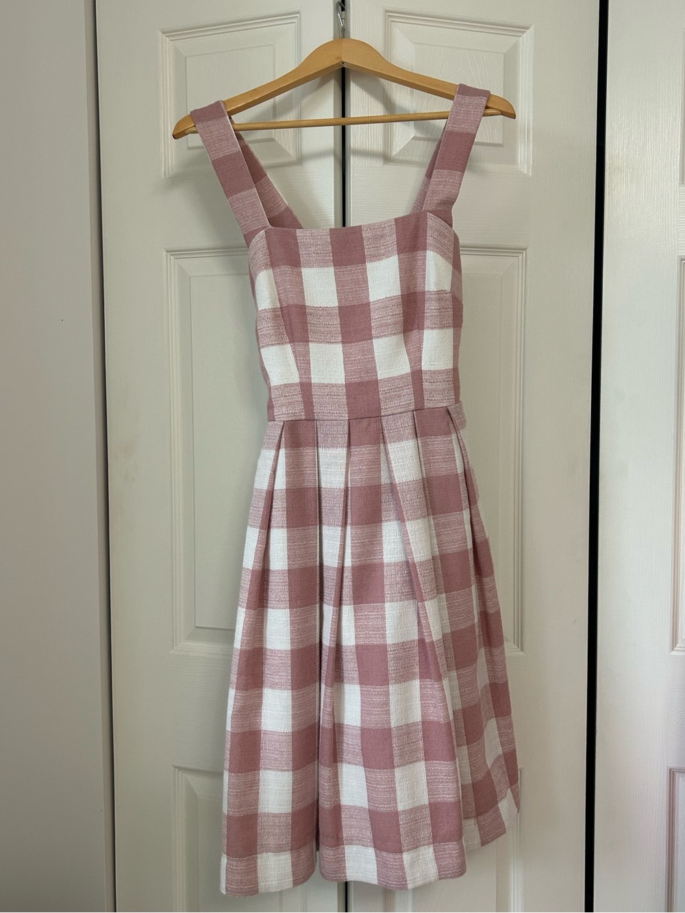 Gal Meets Glam Pink and White Gingham Midi Dress with Wide Straps